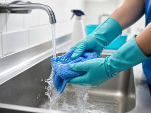 Rinçage d’une lavette microfibre sous l’eau claire